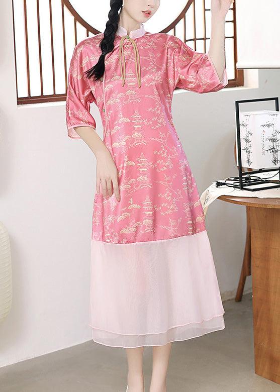 Slim Fit Pink Stand Collar Print Patchwork Silk Maxi Dresses Spring