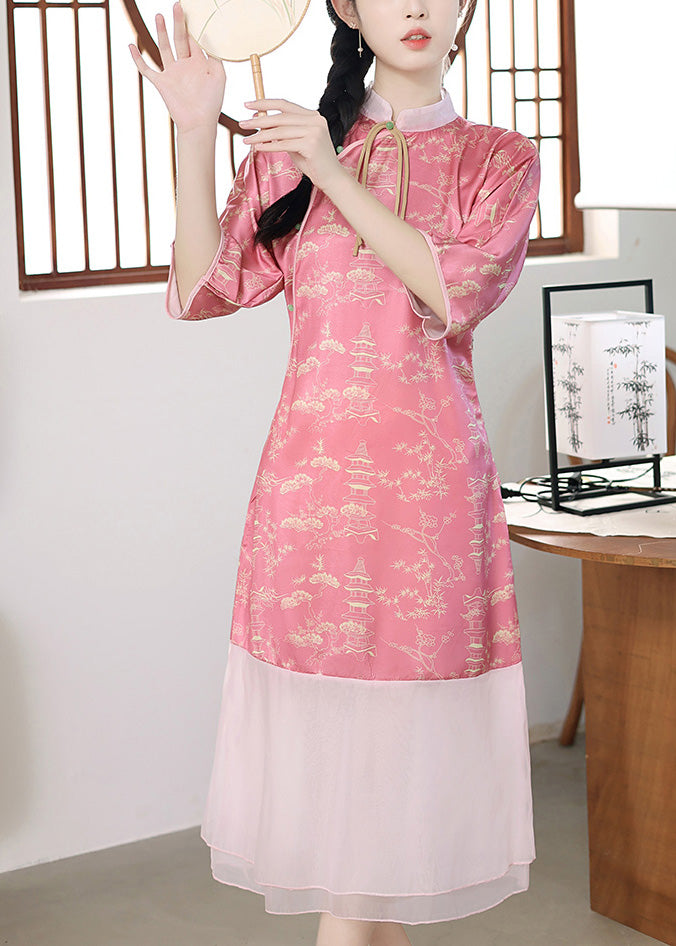 Slim Fit Pink Stand Collar Print Patchwork Silk Maxi Dresses Spring