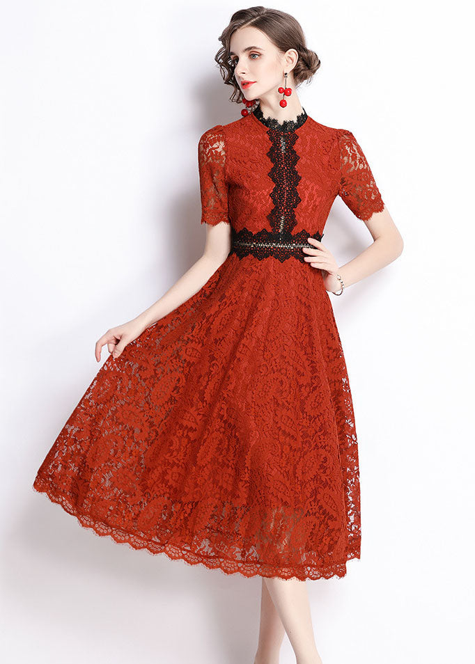 Slim Fit Red Embroideried Hollow Out Patchwork Lace Dress Summer