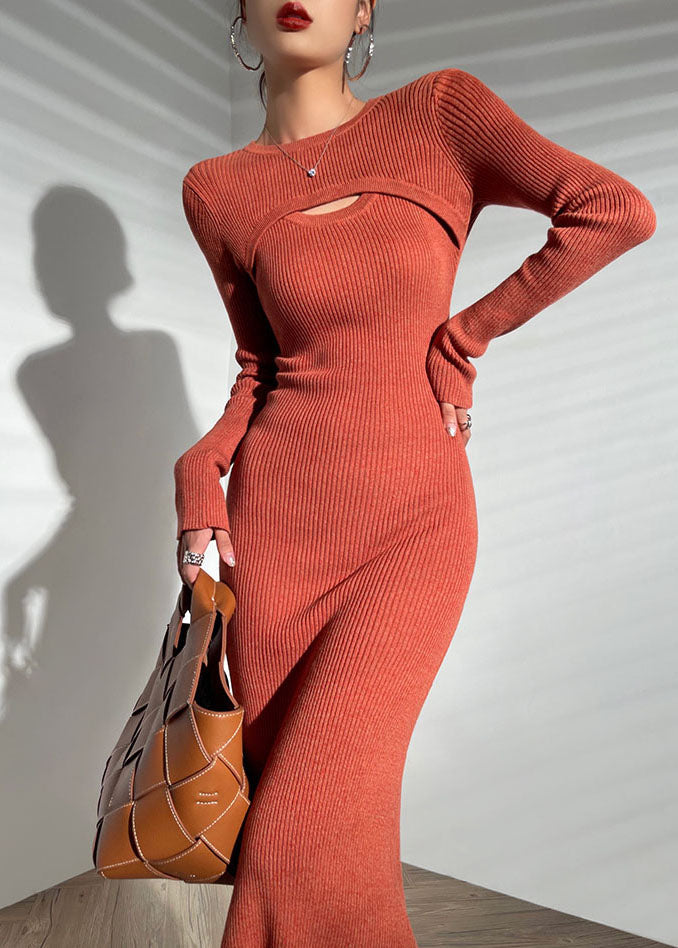 Slim Fit Red O-Neck Asymmetrical Wrapped Knit Sweater Long Dress Long Sleeve