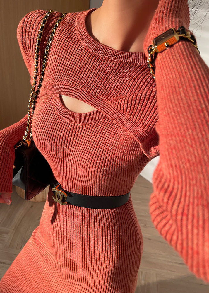 Slim Fit Red O-Neck Asymmetrical Wrapped Knit Sweater Long Dress Long Sleeve