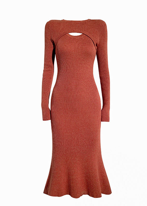 Slim Fit Red O-Neck Asymmetrical Wrapped Knit Sweater Long Dress Long Sleeve