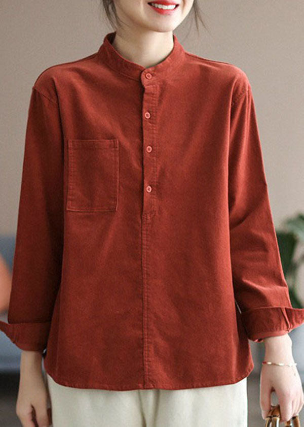 Slim Fit Red Stand Collar Pockets Corduroy Shirt Spring