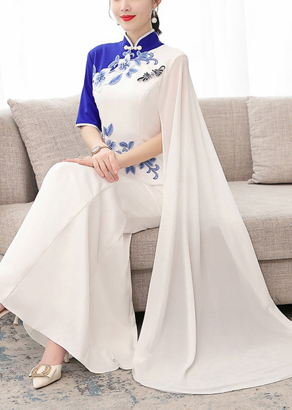 Slim Fit White Stand Collar Print Chiffon Long Dress Cheongsam Half Sleeve