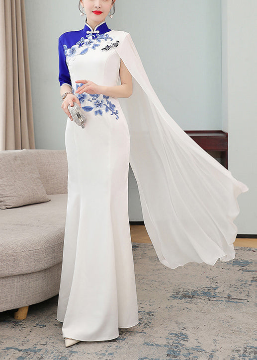 Slim Fit White Stand Collar Print Chiffon Long Dress Cheongsam Half Sleeve