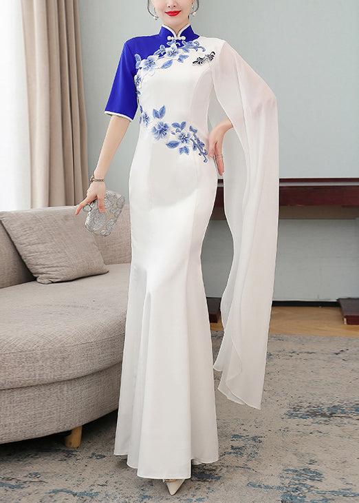 Slim Fit White Stand Collar Print Chiffon Long Dress Cheongsam Half Sleeve