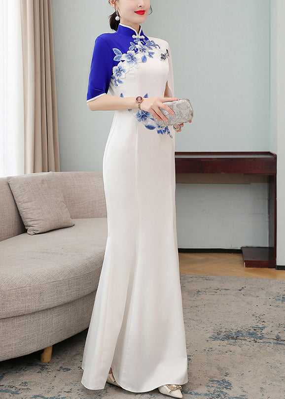 Slim Fit White Stand Collar Print Chiffon Long Dress Cheongsam Half Sleeve