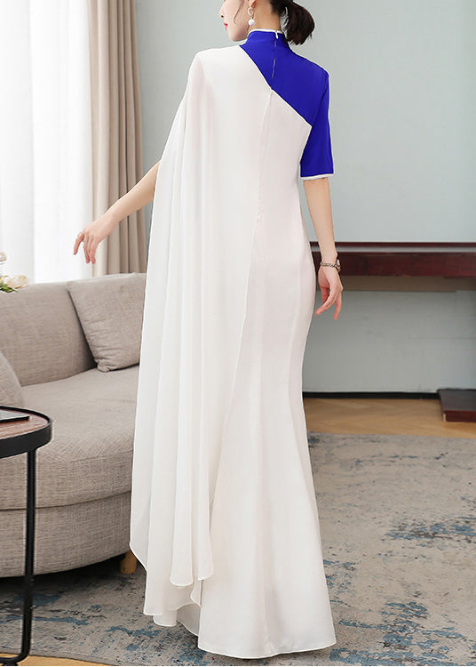 Slim Fit White Stand Collar Print Chiffon Long Dress Cheongsam Half Sleeve