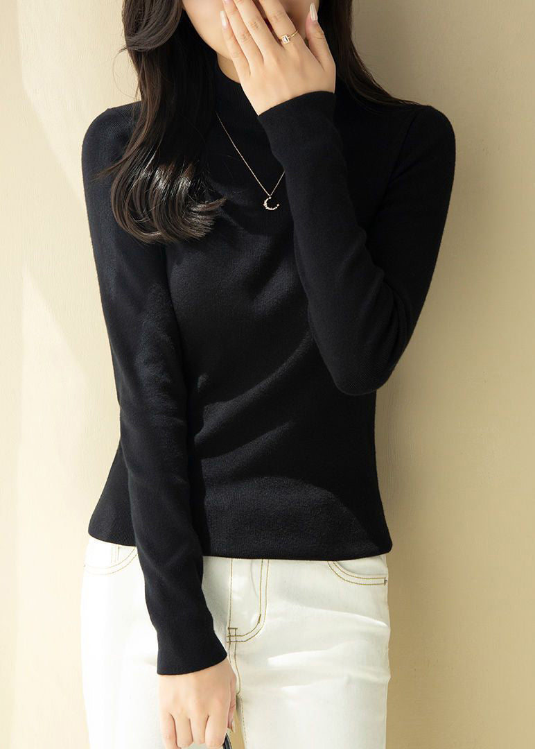 Slim Fit White Turtleneck Knit Top Long Sleeve