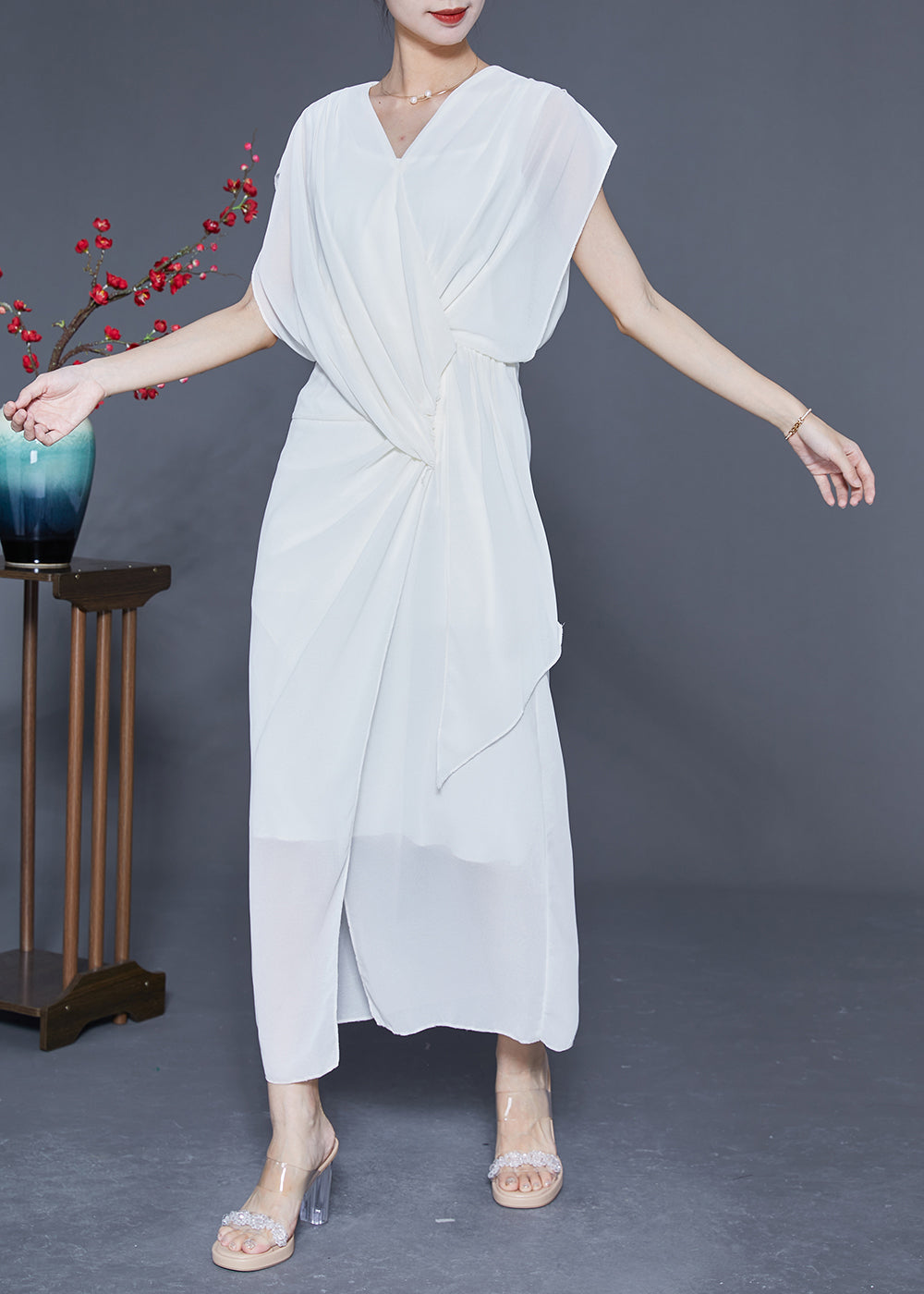 Slim Fit White V Neck Asymmetrical Cross Chiffon Holiday Dress Summer