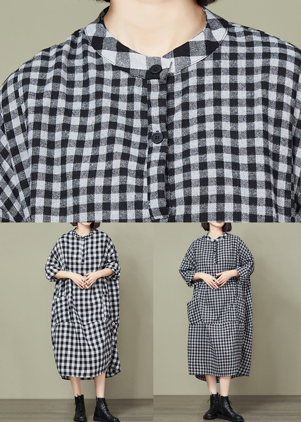 Small Plaid Button Loose Cotton Long Dress O Neck Long Sleeve