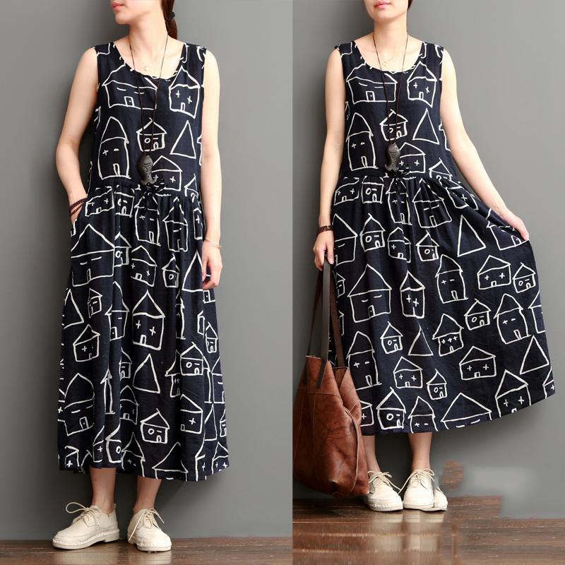 Smiling house black cotton sundresses plus size casual maxi dress sleeveless - Omychic