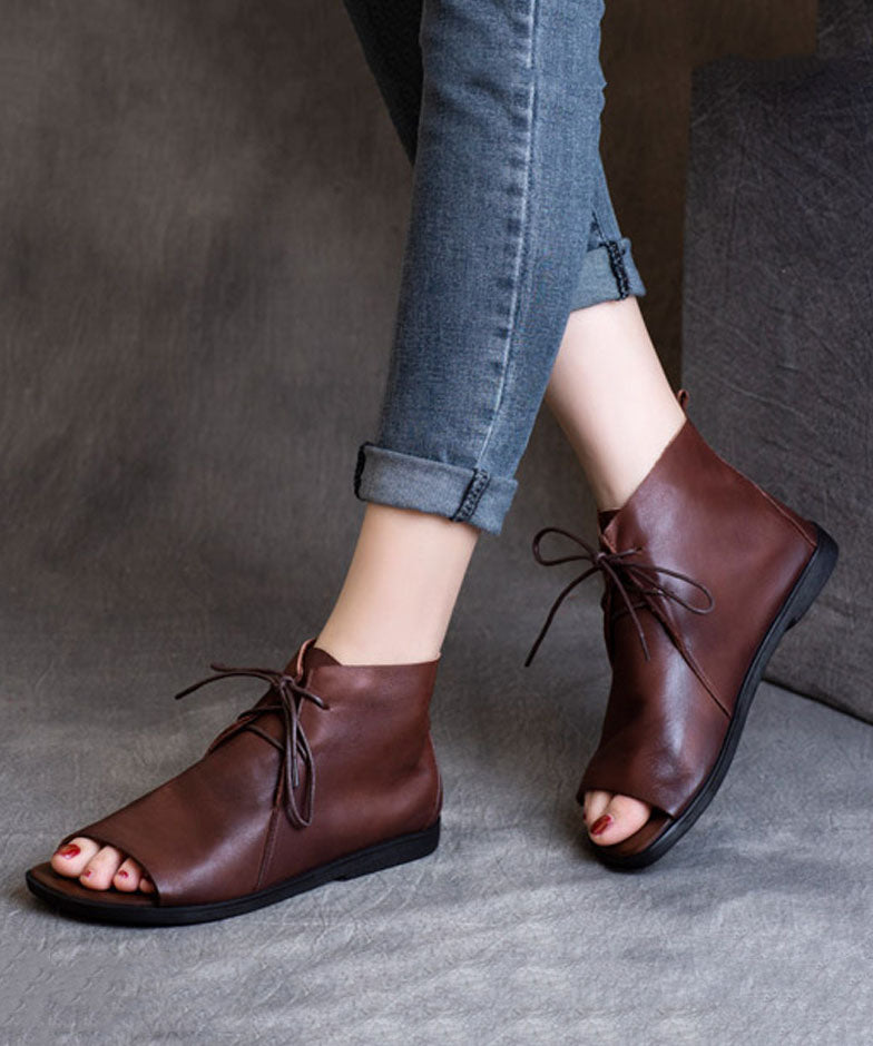 Soft Brown Flat Sandals Boots Cowhide Leather Peep Toe Splicing Lace Up