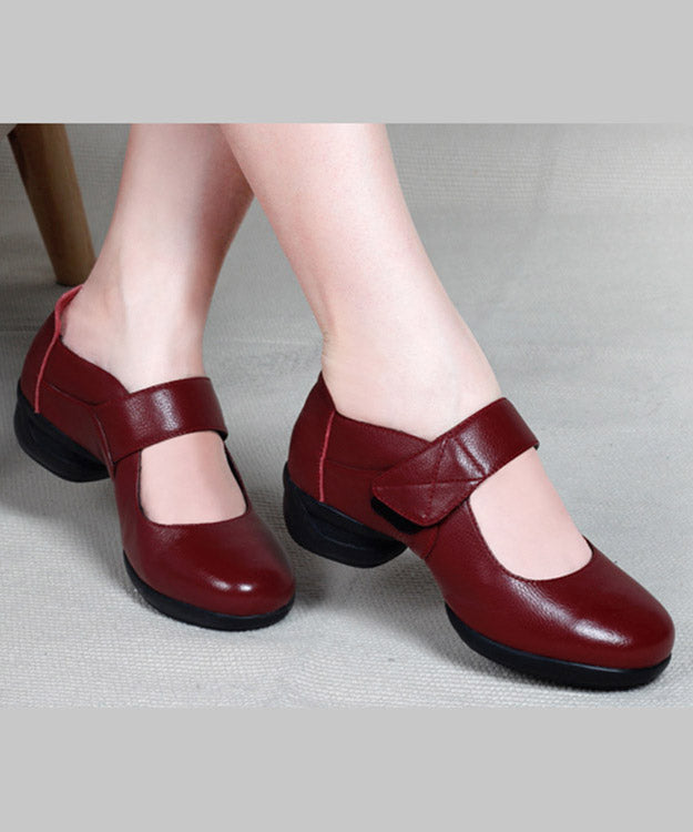 Soft Red Cowhide Leather Splicing Buckle Strap Chunky Ballet Flats Shoes