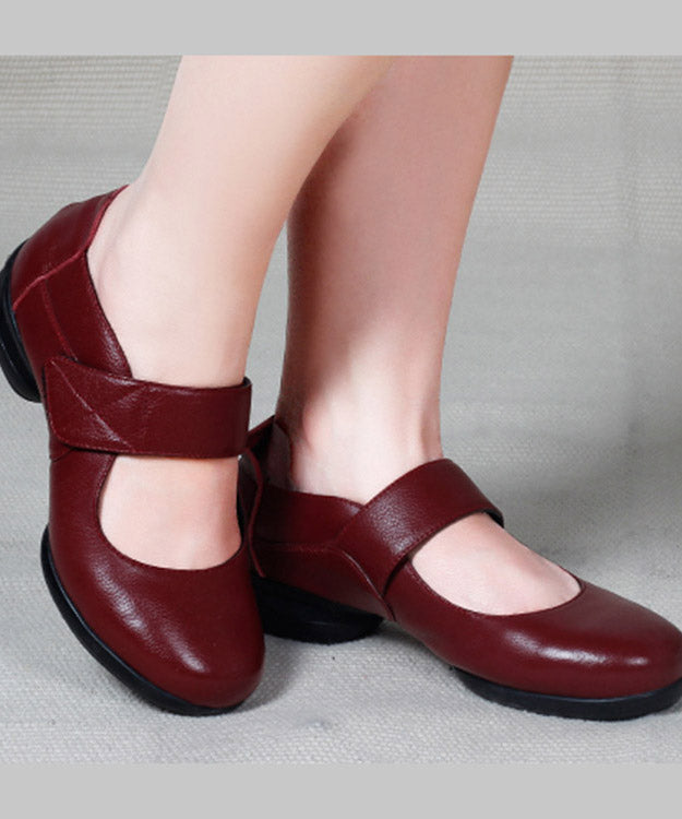 Soft Red Cowhide Leather Splicing Buckle Strap Chunky Ballet Flats Shoes