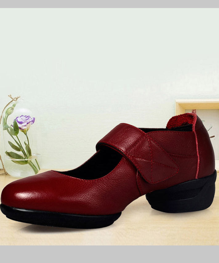 Soft Red Cowhide Leather Splicing Buckle Strap Chunky Ballet Flats Shoes