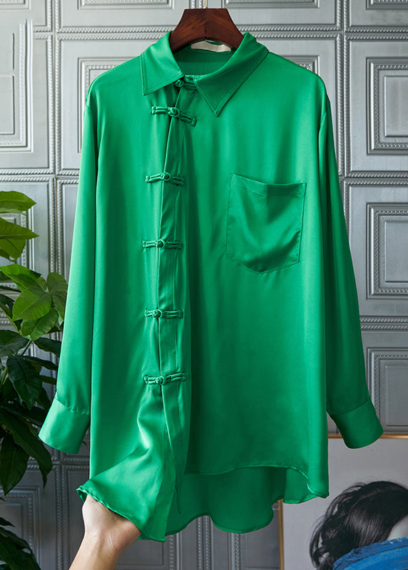 Solid Green Peter Pan Collar Pockets Button Silk shirt Long sleeve