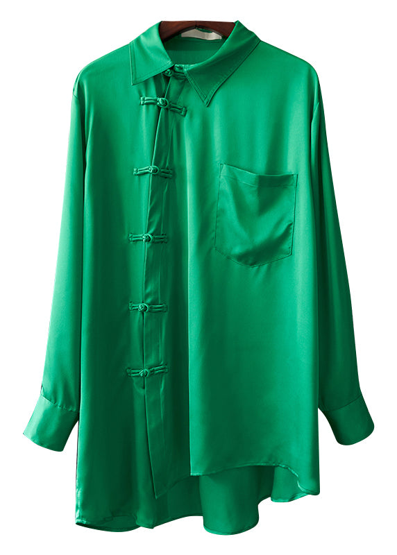 Solid Green Peter Pan Collar Pockets Button Silk shirt Long sleeve