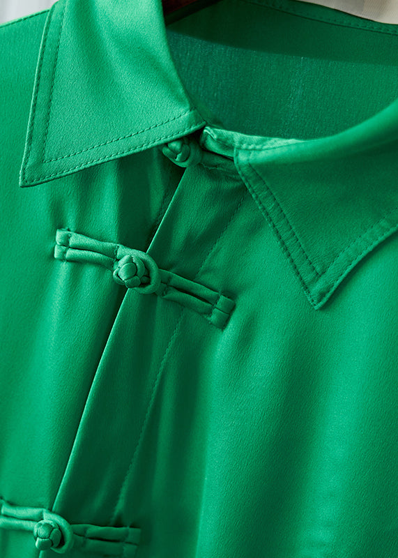 Solid Green Peter Pan Collar Pockets Button Silk shirt Long sleeve