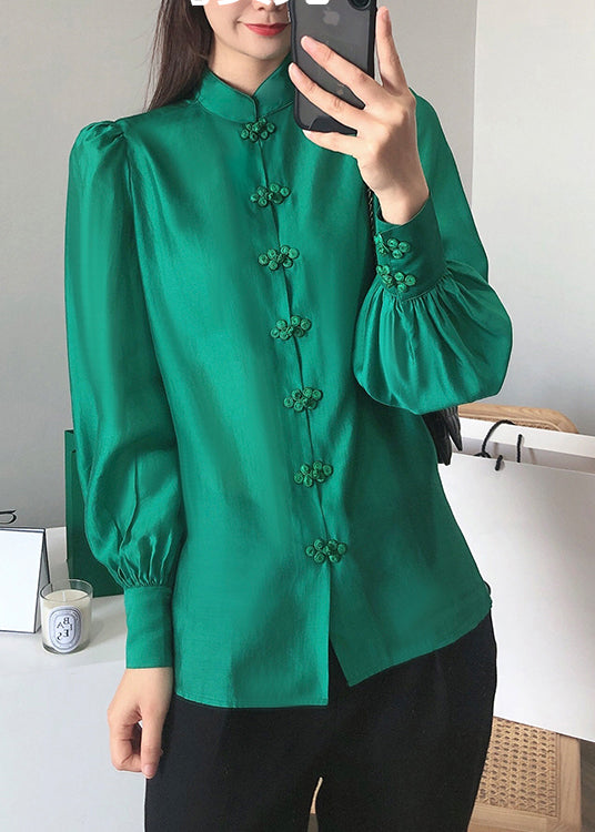 Solid Green Stand Collar Chinese Button Silk Blouse Top Long Sleeve