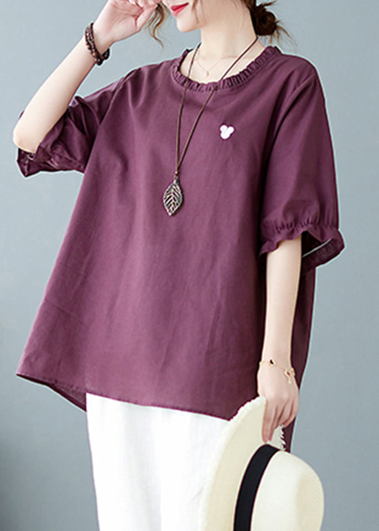 Solid Purple red O-Neck Embroideried Ruffled Top Short Sleeve