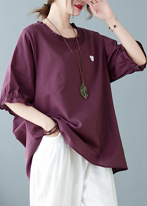 Solid Purple red O-Neck Embroideried Ruffled Top Short Sleeve
