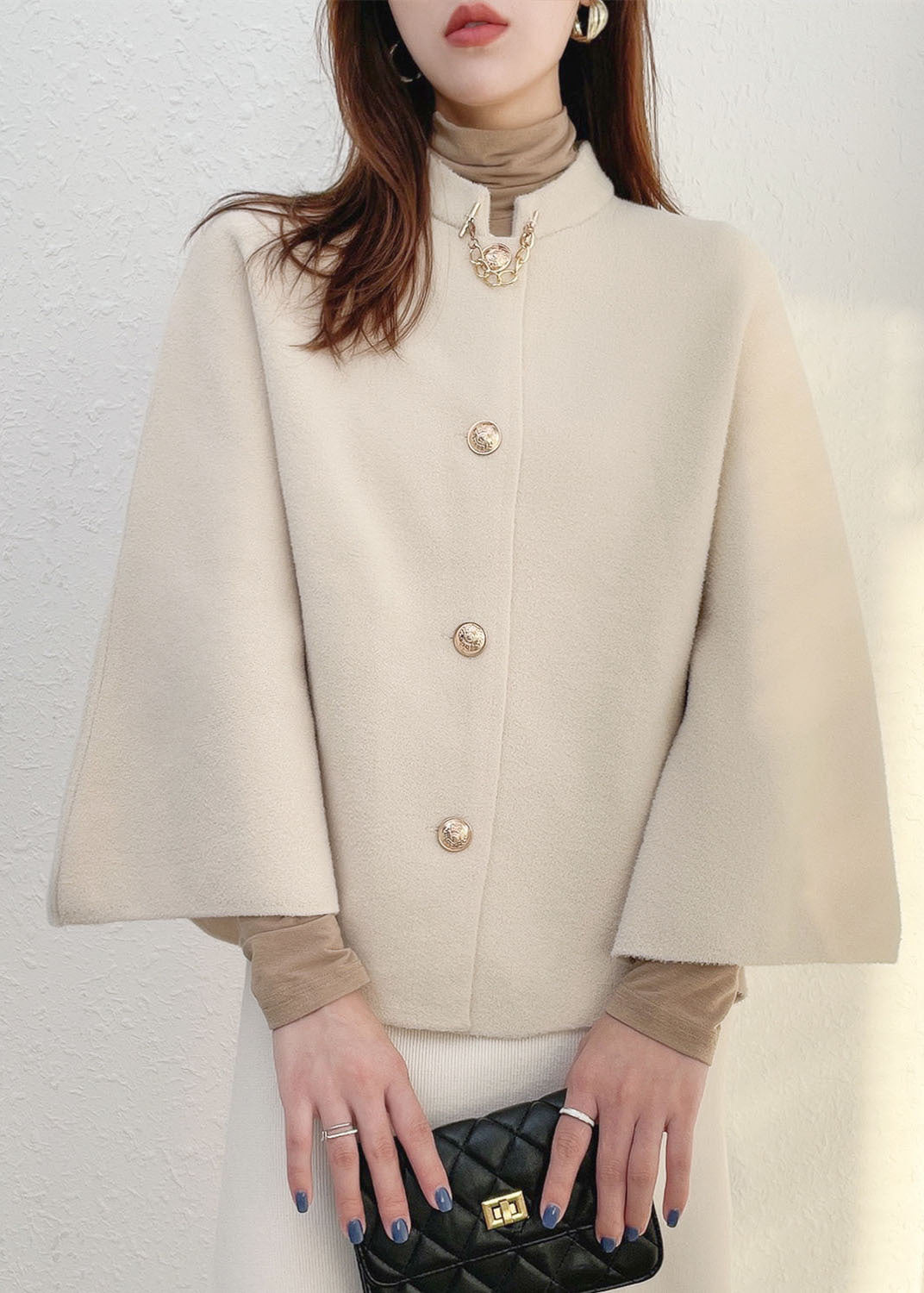 Solid White Thick Woolen Cloak Coats Stand Collar Button Fall