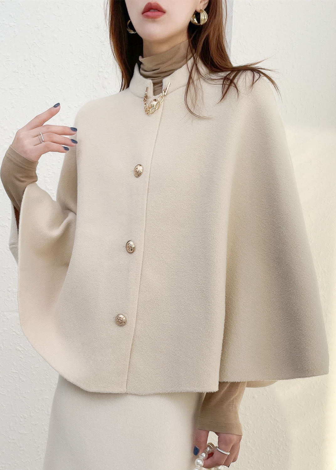 Solid White Thick Woolen Cloak Coats Stand Collar Button Fall