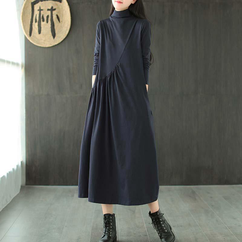 Plus Size Solid Draped High Neck Casual Dress ( Limited Stock) - Omychic