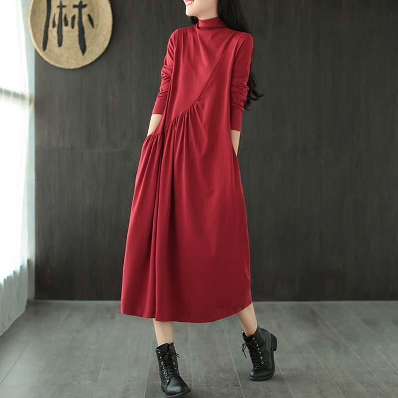 Plus Size Solid Draped High Neck Casual Dress ( Limited Stock) - Omychic