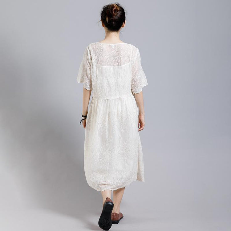 Solid Color Embroidery Casual Dress With Lining - Omychic
