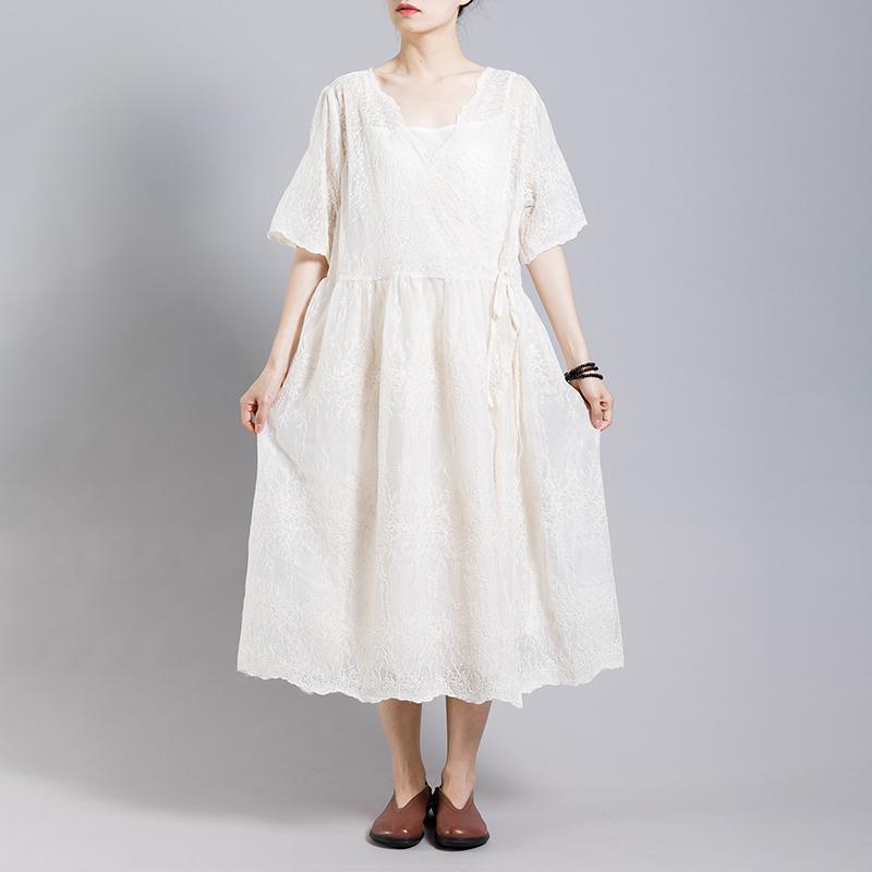 Solid Color Embroidery Casual Dress With Lining - Omychic