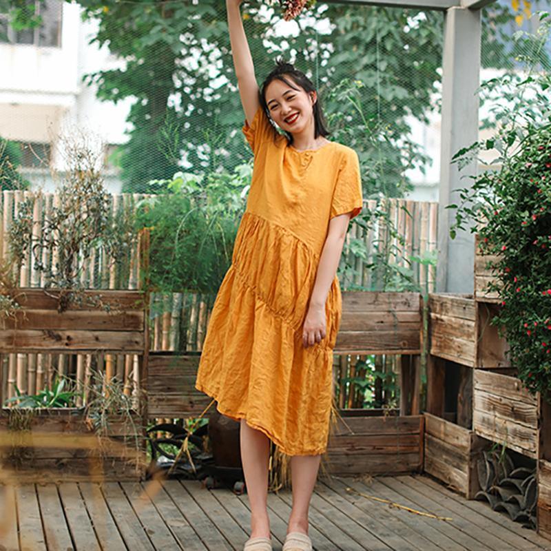 Solid Color Pleated Spliced Casual Dress - Omychic