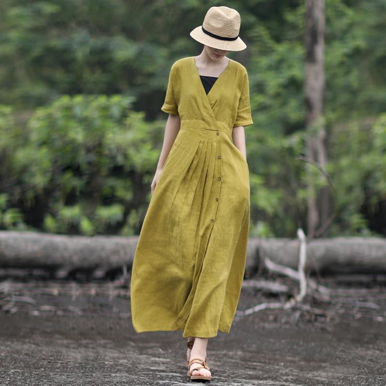 Solid Color Pleated V-Neck Retro Loose Dress - Omychic