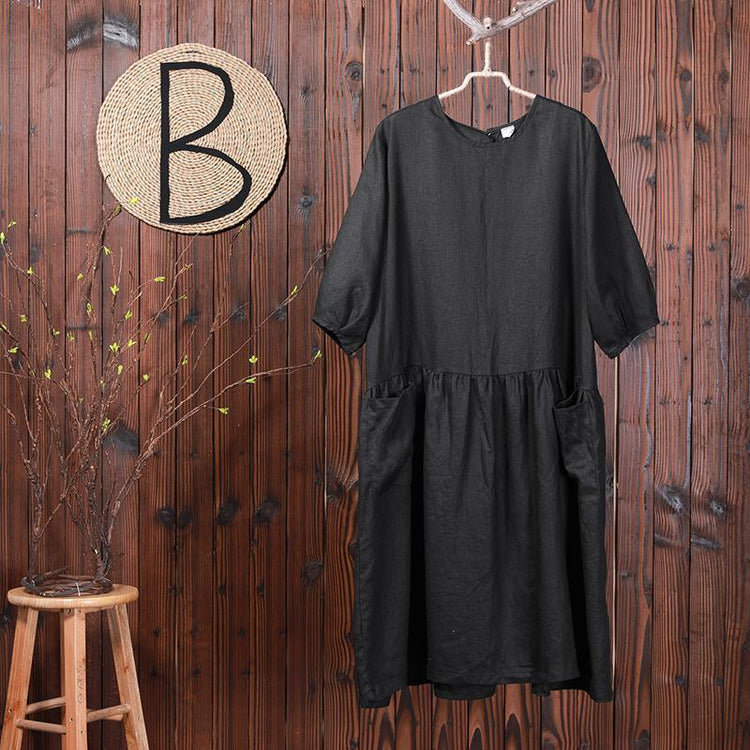 Solid Color Spliced Casual Loose Linen Dress - Omychic