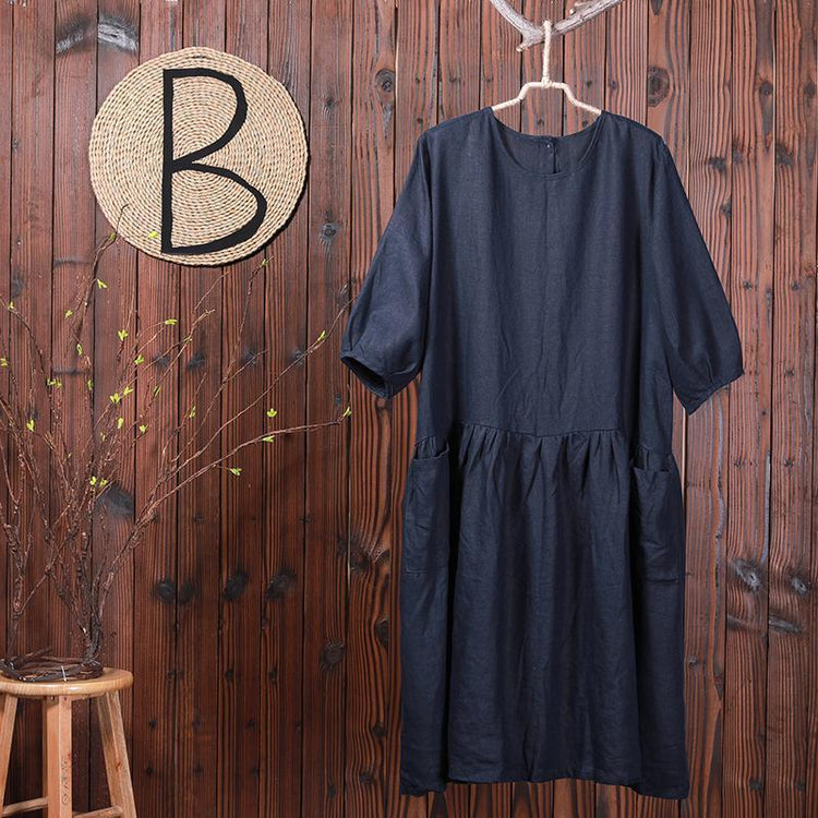 Solid Color Spliced Casual Loose Linen Dress - Omychic
