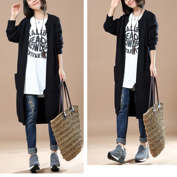 Solid black woman knit cardigans long sweater - Omychic