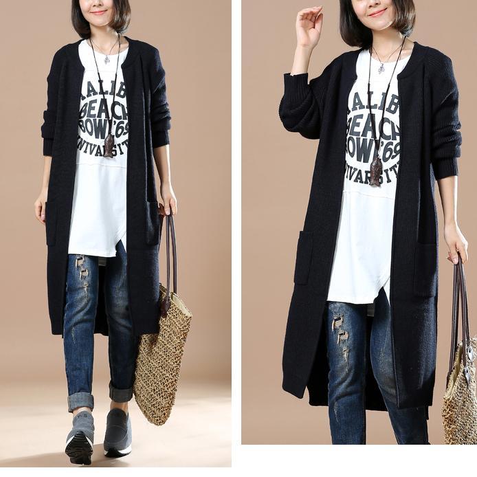 Solid black woman knit cardigans long sweater - Omychic