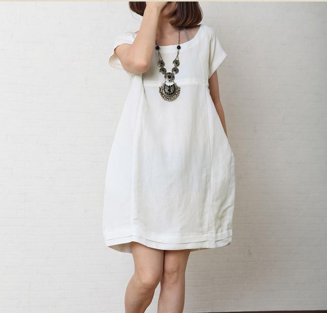 Solid white summer women linen dress plus size cotton sundress - Omychic