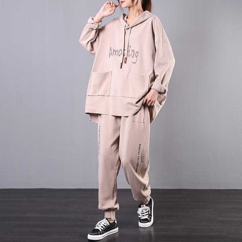 Sports two-piece suit 2020 new khaki loose large size micro fat suit - Omychic