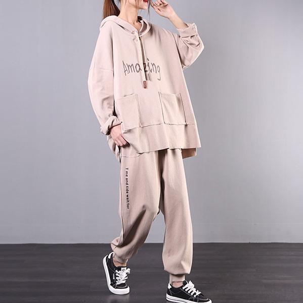 Sports two-piece suit 2020 new khaki loose large size micro fat suit - Omychic