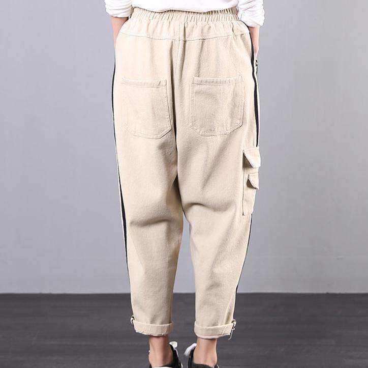 Spring 2020 new large size khaki striped stitching tooling pockets nine casual pants - Omychic