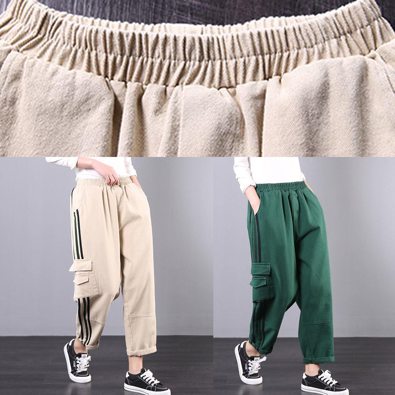 Spring 2020 new large size khaki striped stitching tooling pockets nine casual pants - Omychic