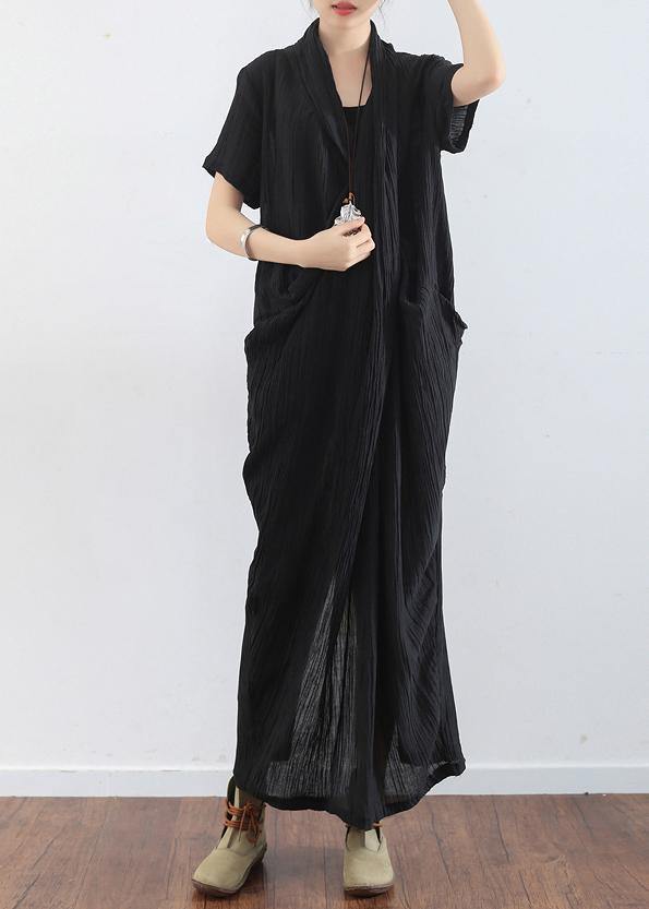 Spring And Summer New Black Linen Vintage V-neck Robe - Omychic