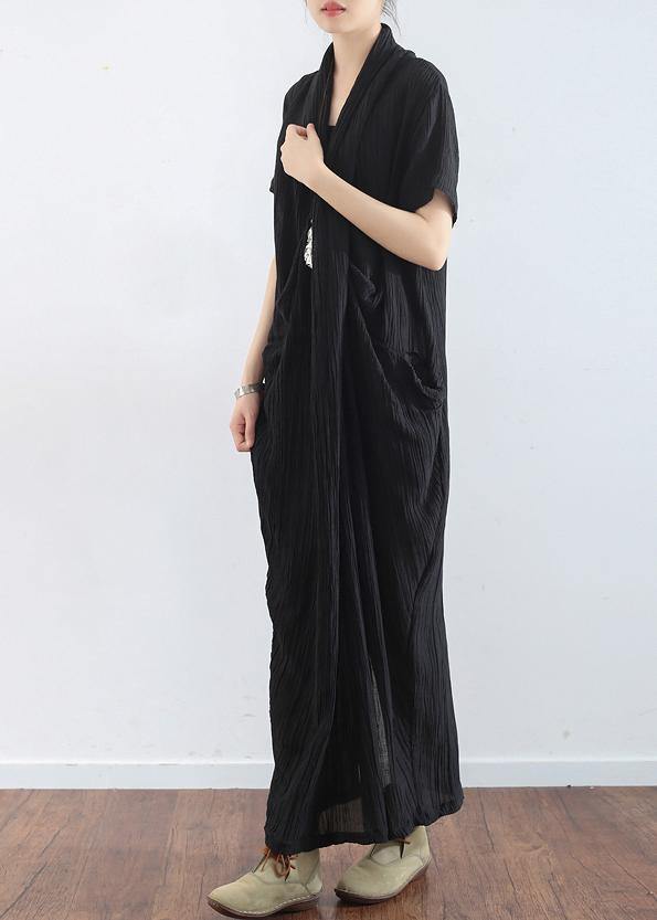 Spring And Summer New Black Linen Vintage V-neck Robe - Omychic