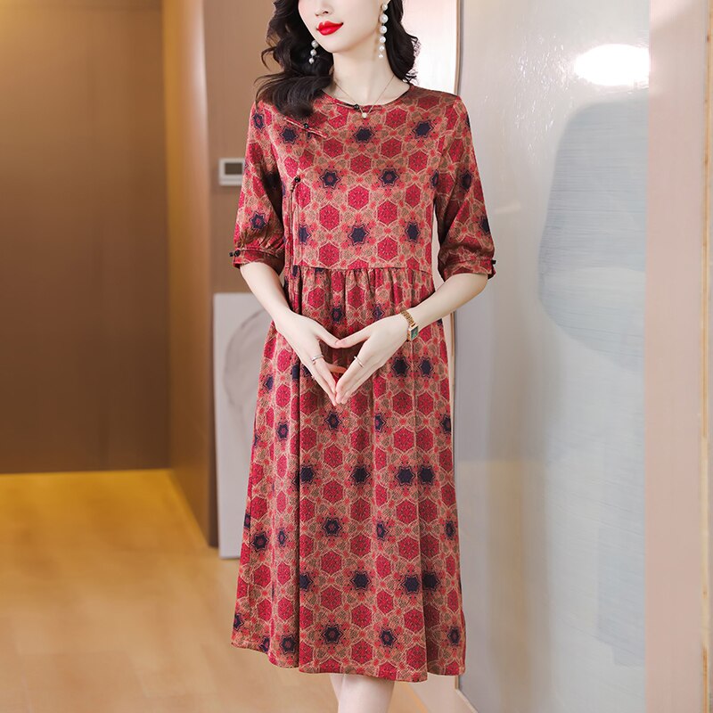 Loose Round Neck Silk Midi Robe Dress