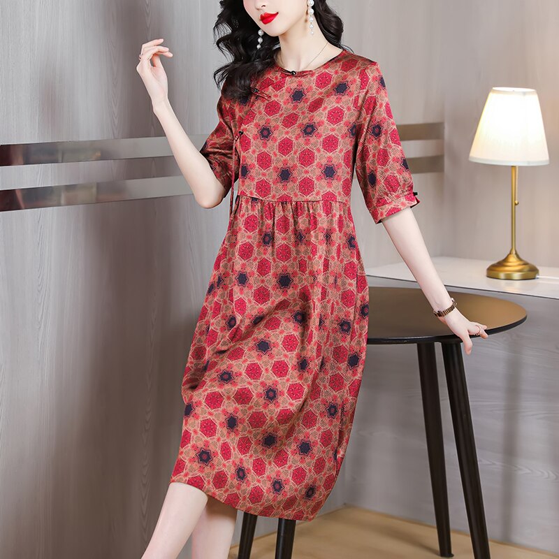 Loose Round Neck Silk Midi Robe Dress