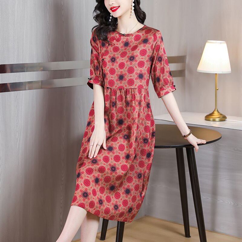 Loose Round Neck Silk Midi Robe Dress