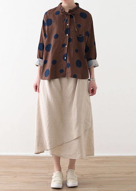Spring Coffee Dot Contrast Linen Blouse - Omychic