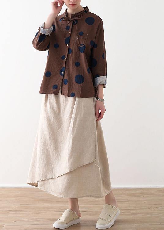 Spring Coffee Dot Contrast Linen Blouse - Omychic
